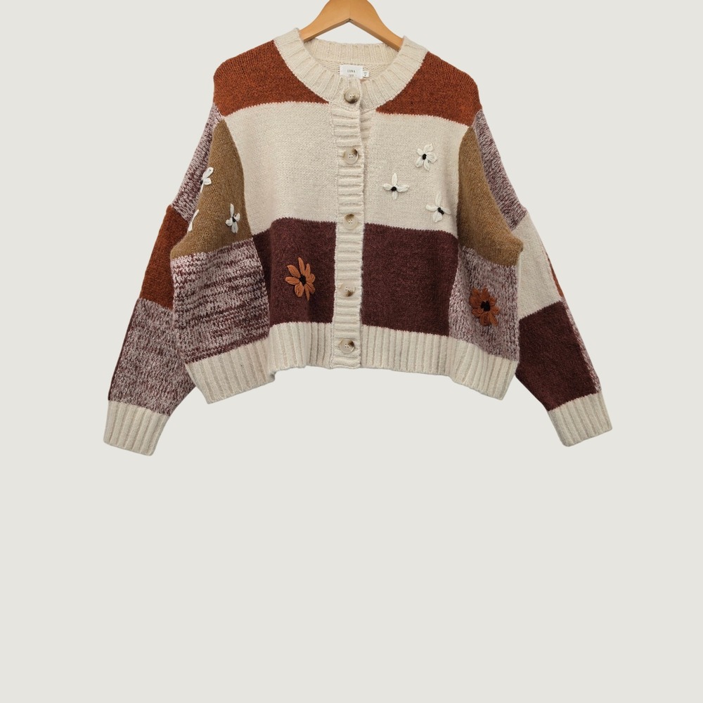 Luna Ivy Floral Patchwork Cardigan Sweater Brown Cream Boho Knit Cropped Medium